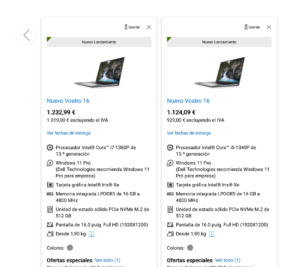 Ecommerce de Dell. Función de comparación de productos